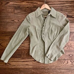 NWOT Beautiful Vintage 90’s INC Olive Green Suede Ruffle Shirt/Jacket.  Size XS